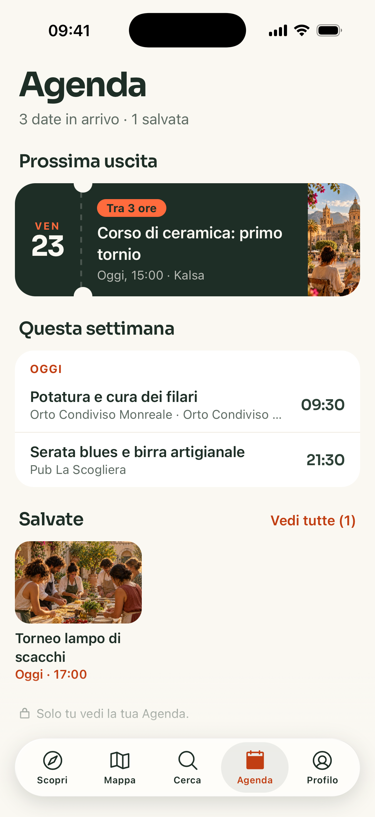 Agenda: prossima uscita e attività salvate